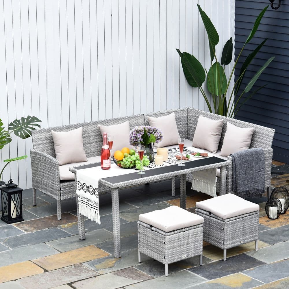 image-5 Pcs Rattan Wicker Furniture Patio Dining Table Stool Chaise Lounge Set