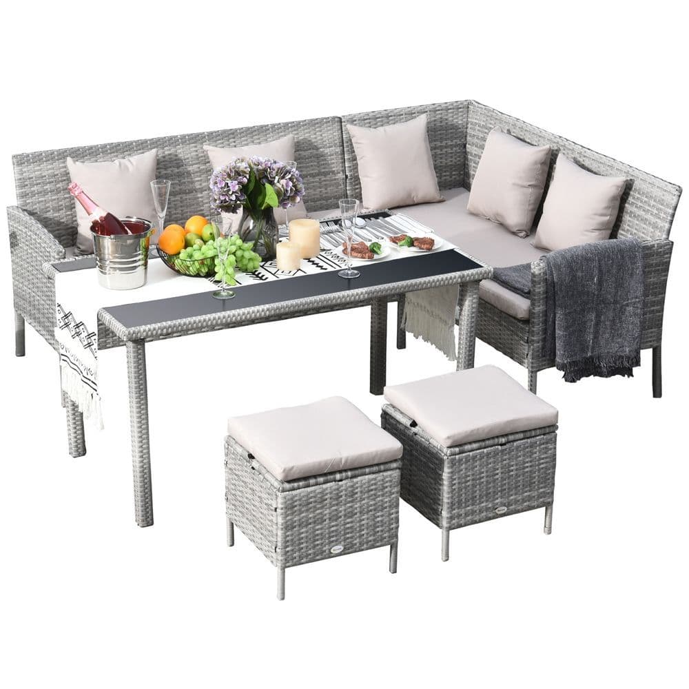 image-5 Pcs Rattan Wicker Furniture Patio Dining Table Stool Chaise Lounge Set
