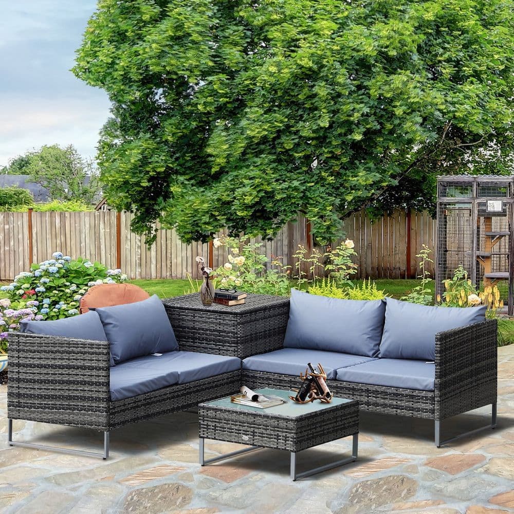 image-4-Piece PE Rattan Outdoor Garden Furniture Set Mixed Grey