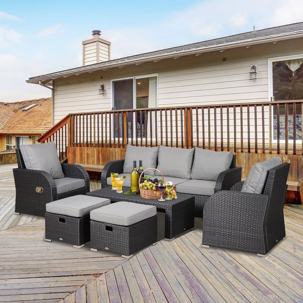 image-7-Seater Outdoor Garden Rattan Furniture Set w/ Recliners Grey