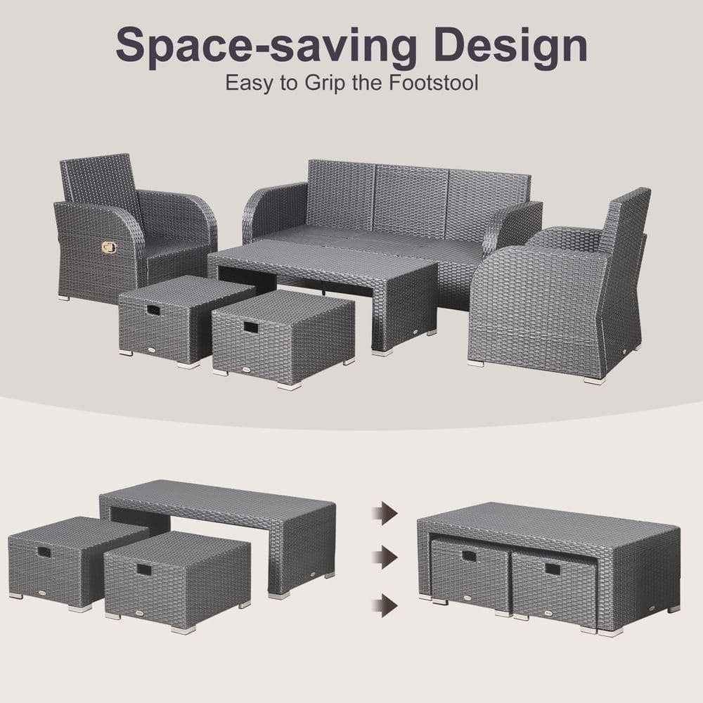 image-7-Seater Outdoor Garden Rattan Furniture Set w/ Recliners Grey
