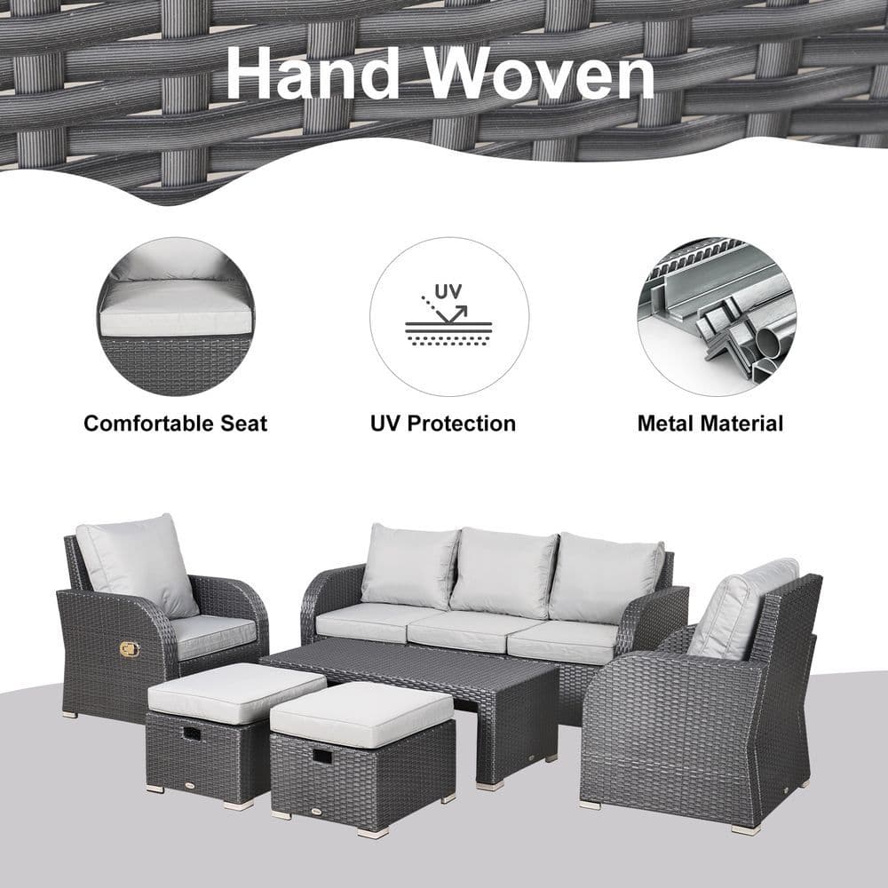image-7-Seater Outdoor Garden Rattan Furniture Set w/ Recliners Grey