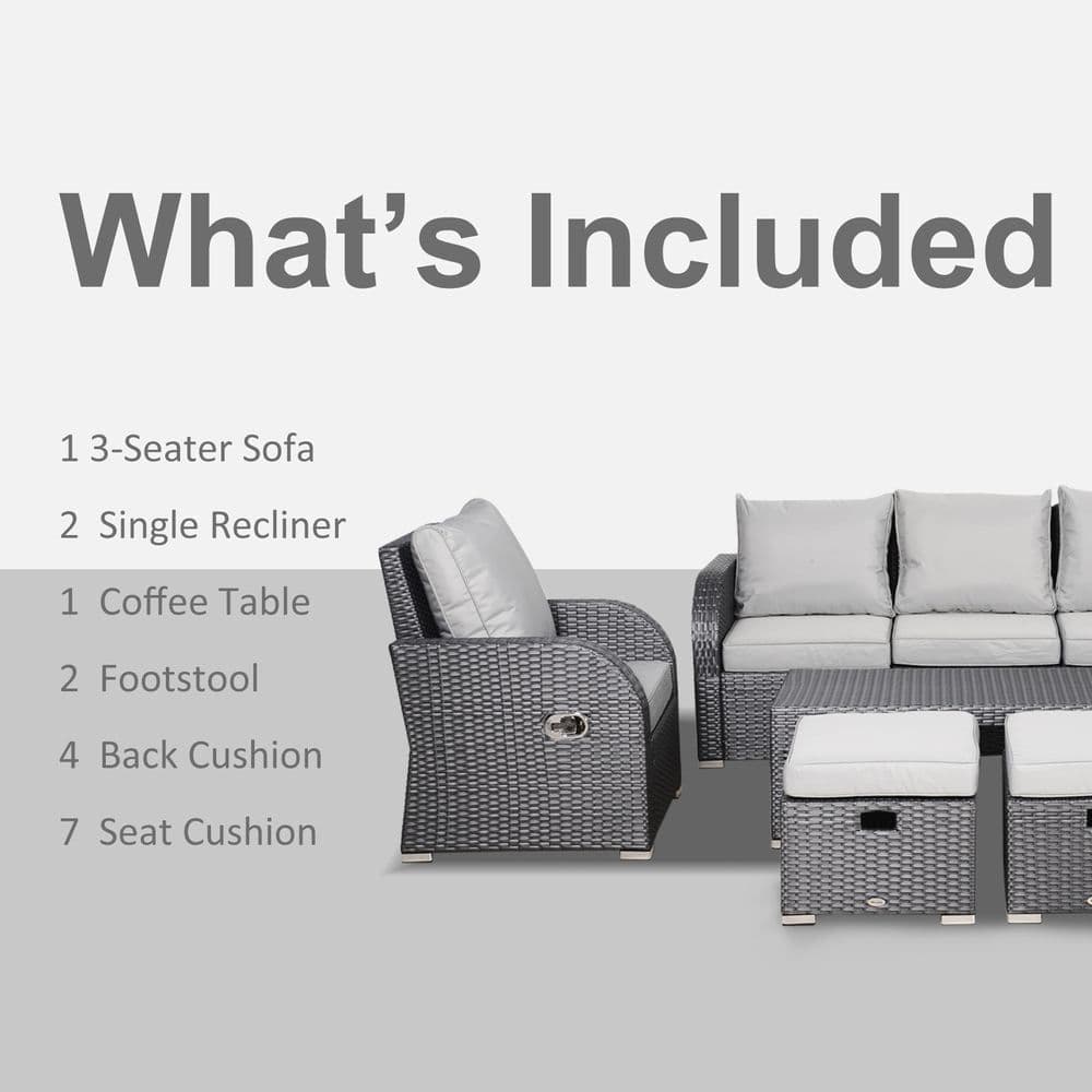 image-7-Seater Outdoor Garden Rattan Furniture Set w/ Recliners Grey