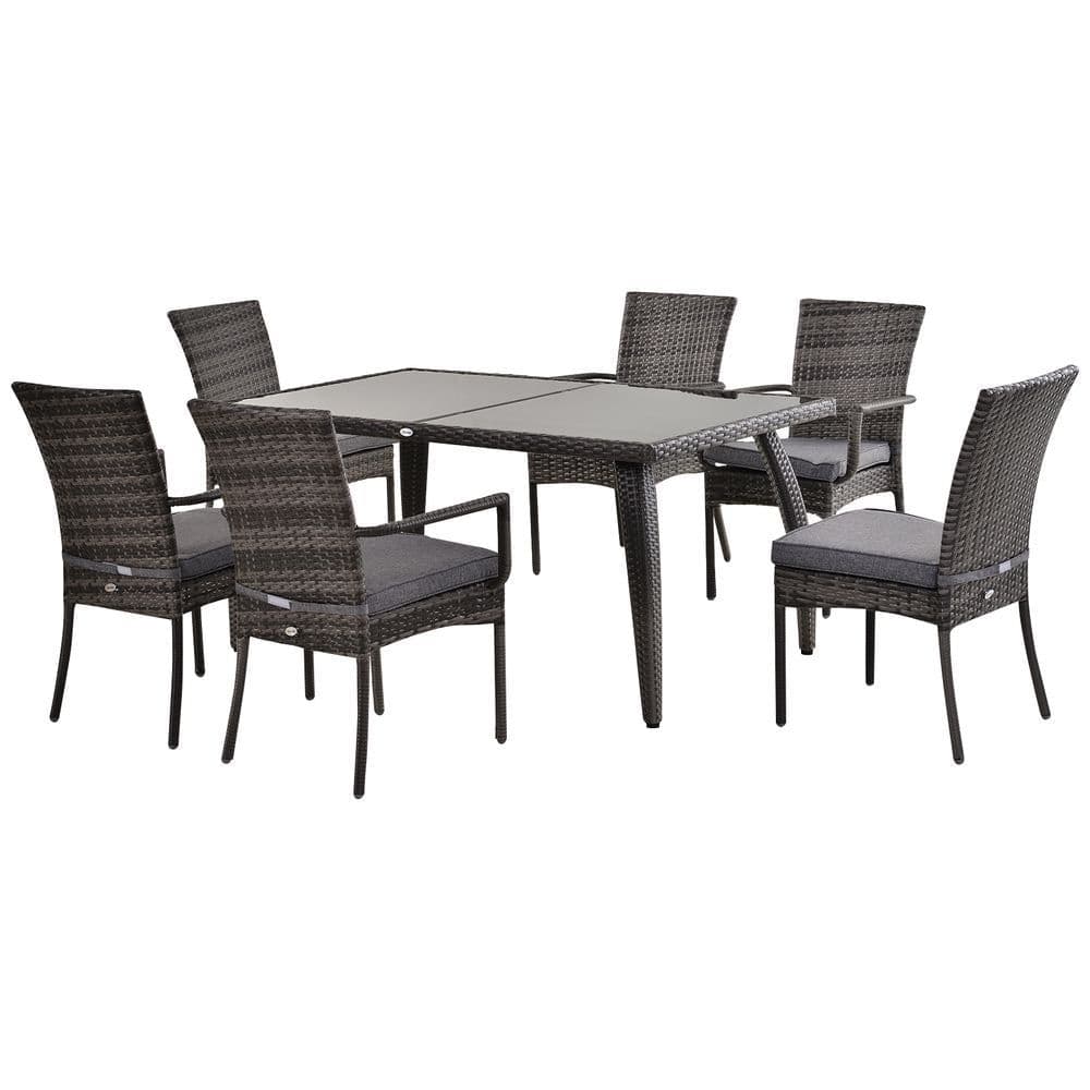 image-7 Pcs Dining Set Rattan Wicker 6 Chairs Table Glass Pads Thick Cushions Grey