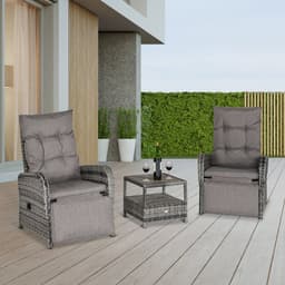 image-3 Pcs Rattan Chaise Lounge Sofa Set Bistro & Cushion Mixed Grey