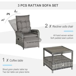 image-3 Pcs Rattan Chaise Lounge Sofa Set Bistro & Cushion Mixed Grey