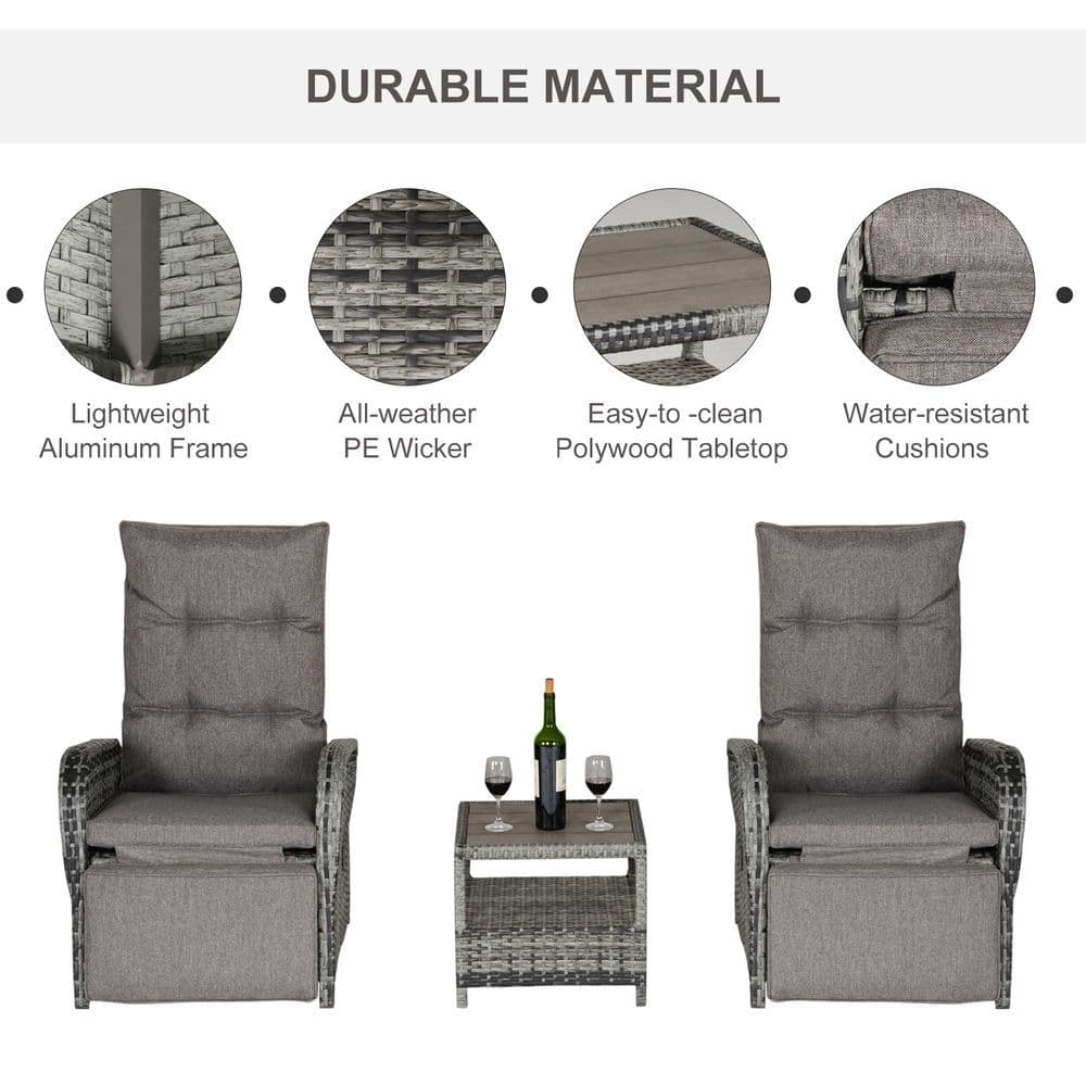image-3 Pcs Rattan Chaise Lounge Sofa Set Bistro & Cushion Mixed Grey