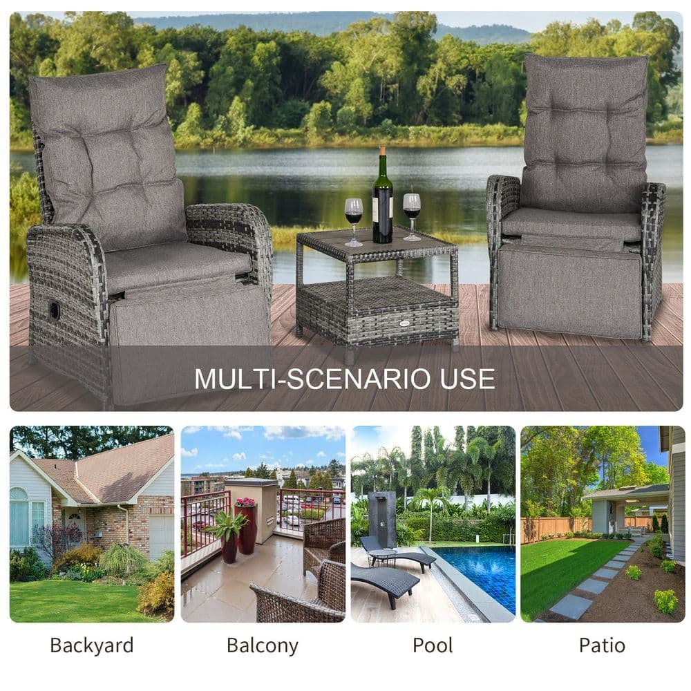 image-3 Pcs Rattan Chaise Lounge Sofa Set Bistro & Cushion Mixed Grey