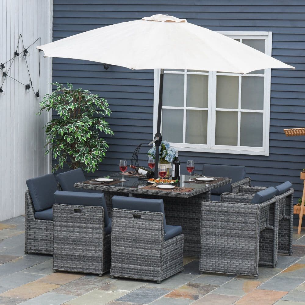 image-9 PCs Rattan Dining Table Chair Set 8-seater Cube Sofa & Umbrella Table Grey