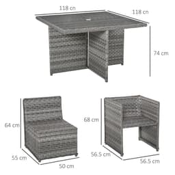image-9 PCs Rattan Dining Table Chair Set 8-seater Cube Sofa & Umbrella Table Grey