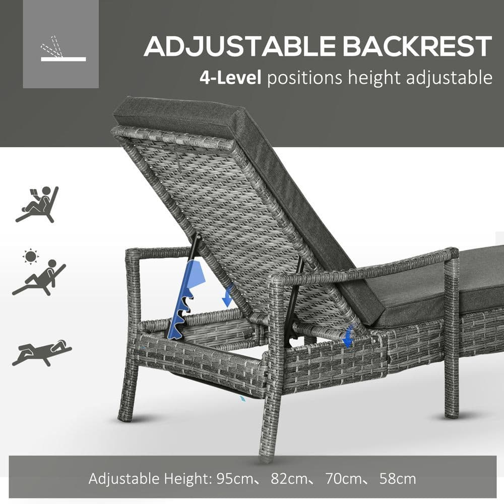 image-Rattan Single Sun Lounger Reclining Chair 4 Adjustable Backrest & Cushion Grey