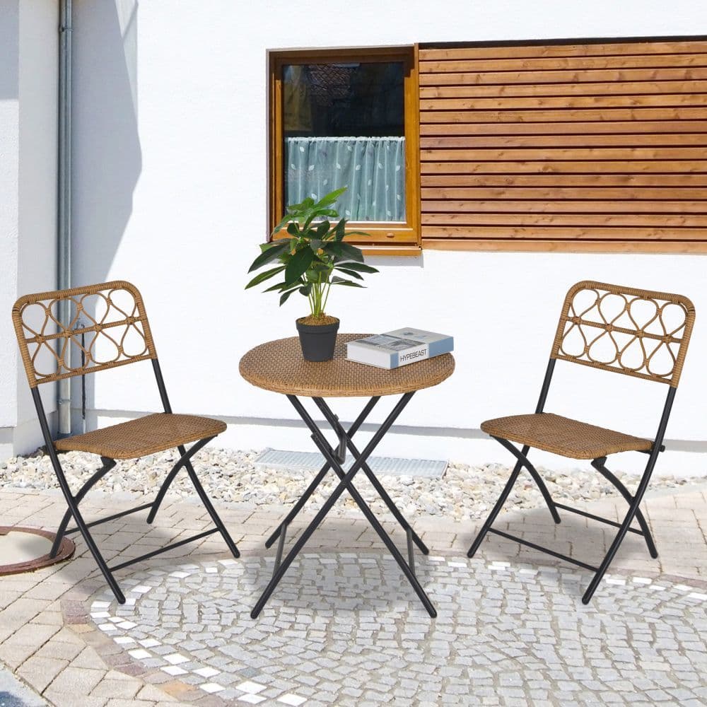 image-3 PCS Rattan Wicker Set Easy Folding, Hand Woven Rattan Coffee Table & Chairs