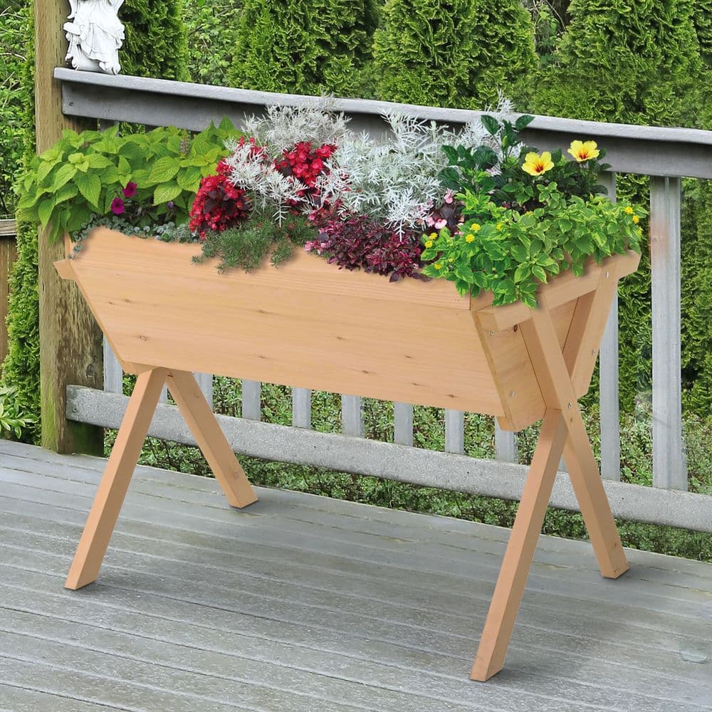 image-Large Fir Wood Raised Plant Stand Oak Tone