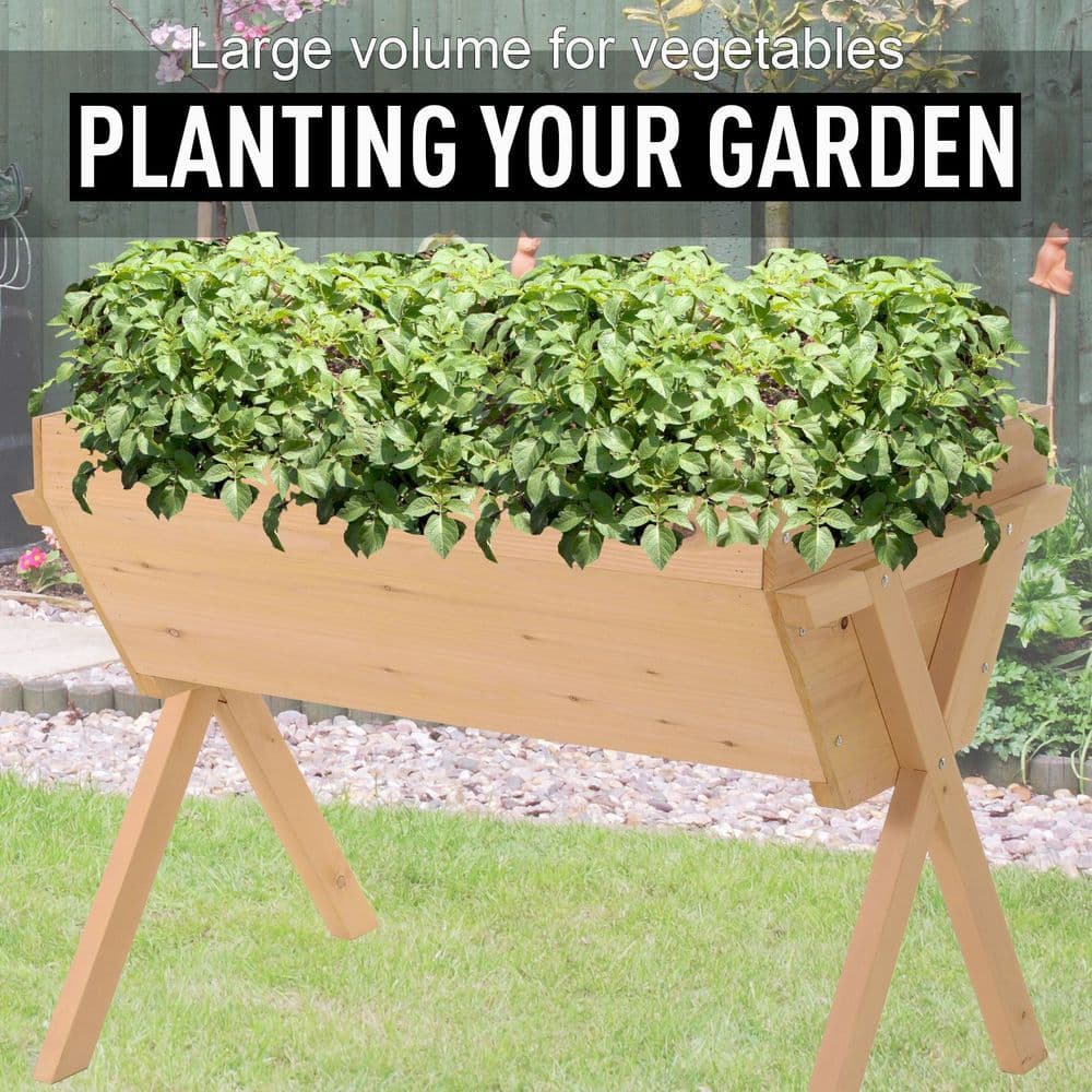 image-Large Fir Wood Raised Plant Stand Oak Tone