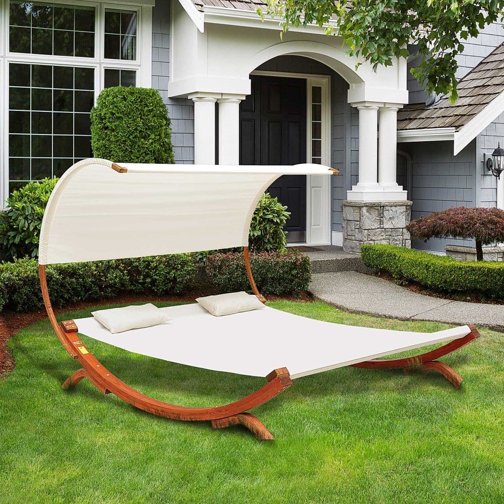 image-Hammock Chaise Wooden Double Sun Bed Lounger - Cream | UK