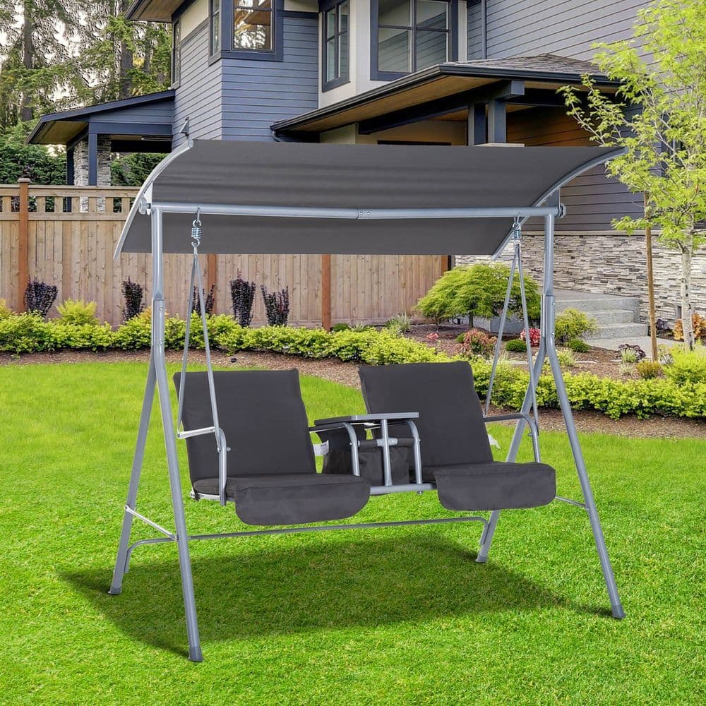 image-Steel Frame 2-Seater Swing Chair w/ Table Grey