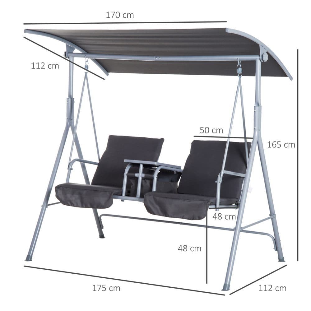 image-Steel Frame 2-Seater Swing Chair w/ Table Grey