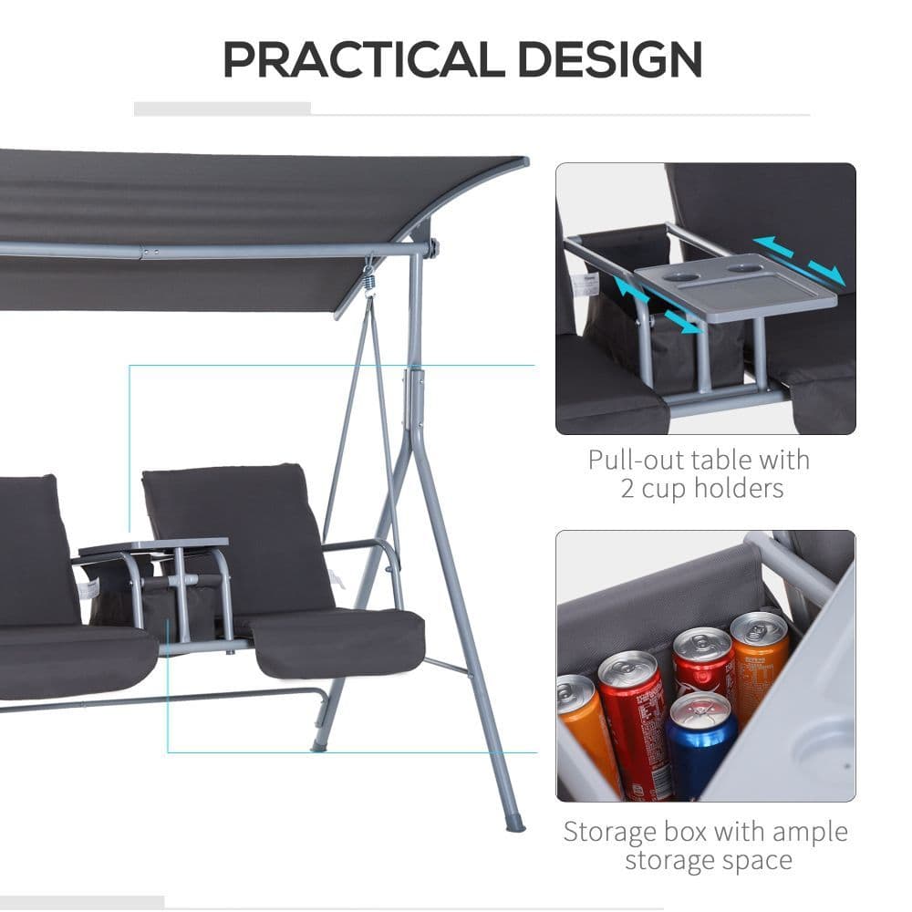 image-Steel Frame 2-Seater Swing Chair w/ Table Grey