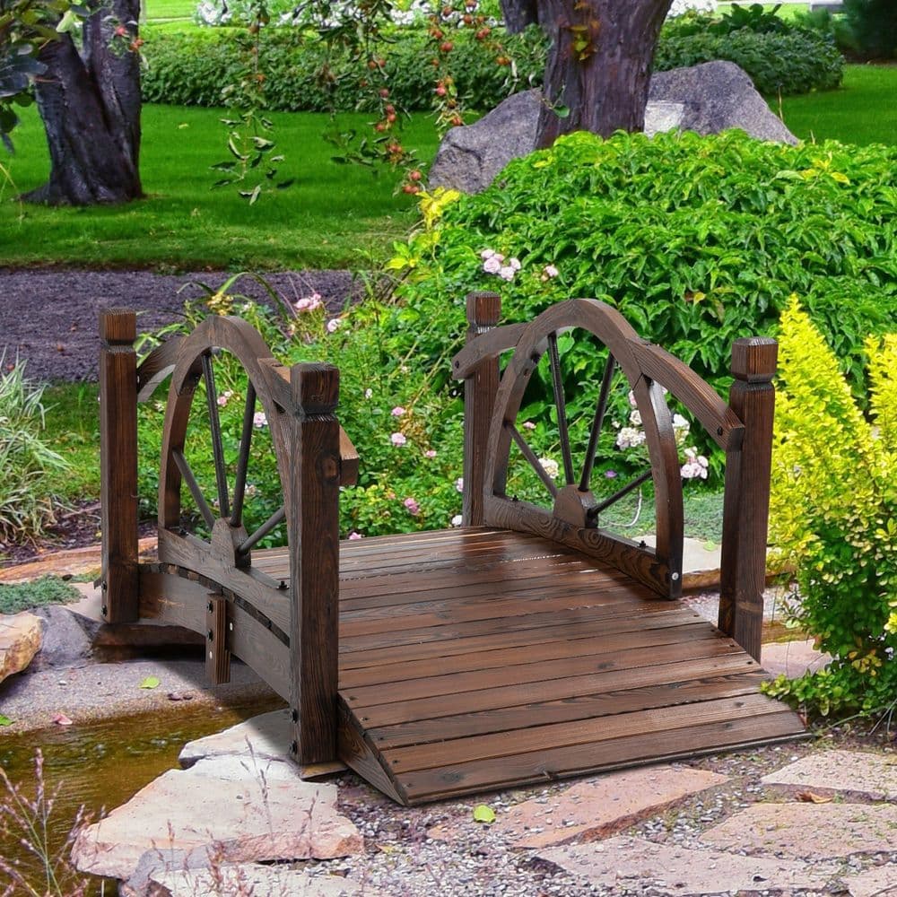 image-Wooden Garden Bridge Decorative Arc Footbridge & Safety Guardrail Walkway