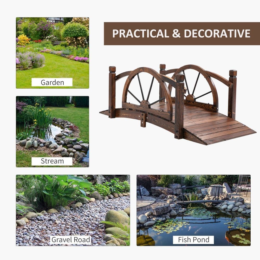 image-Wooden Garden Bridge Decorative Arc Footbridge & Safety Guardrail Walkway