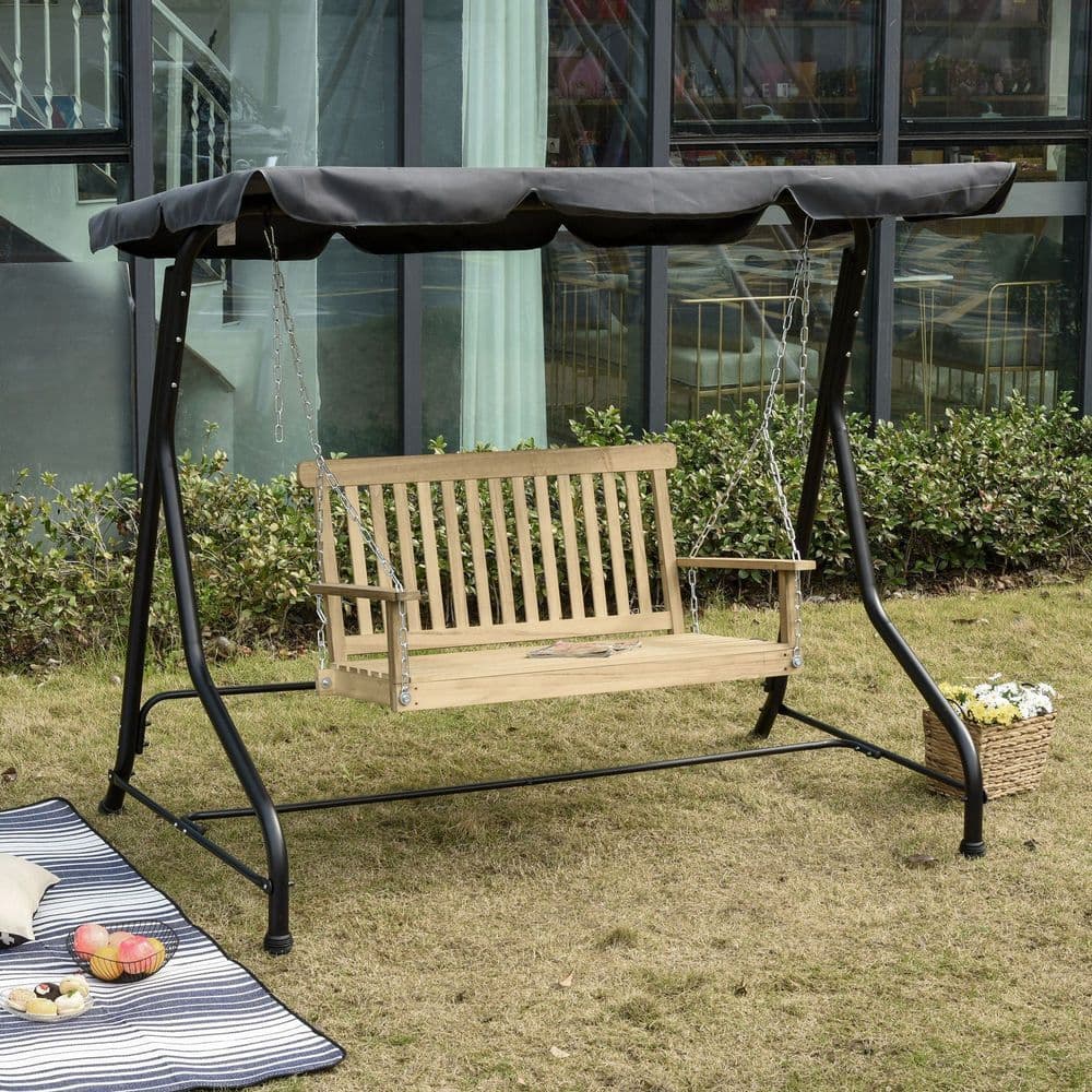 image-Wooden 2-Seater Poch Swing Chair Hanging Hammock Chains