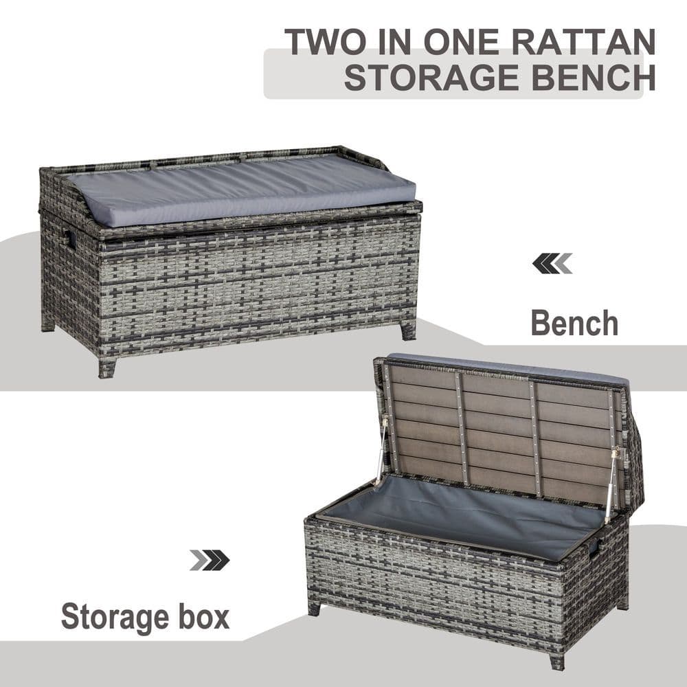 image-PE Rattan Bench Patio Wicker Storage Basket Seat Furniture w/ Cushion
