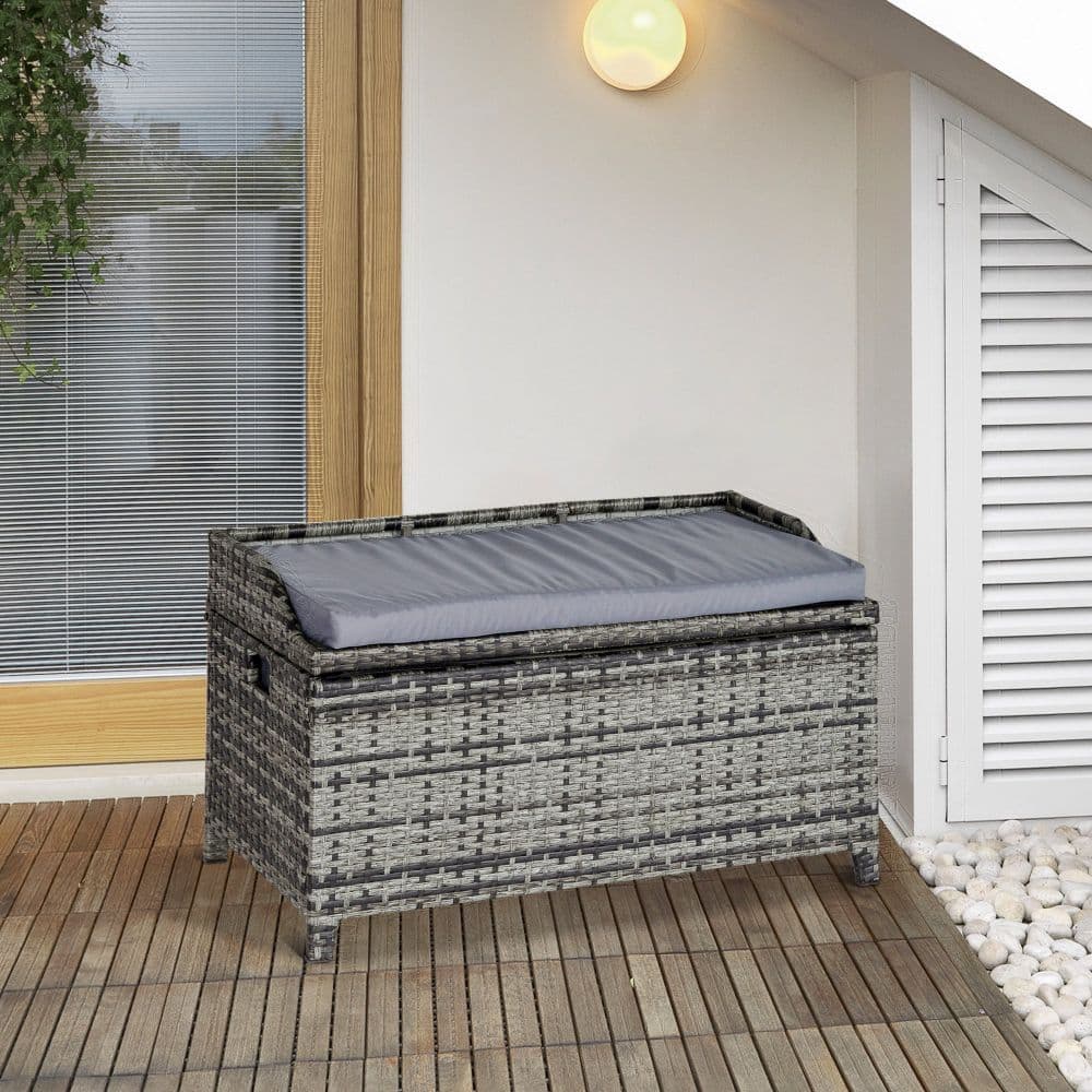 image-PE Rattan Bench Patio Wicker Storage Basket Seat Furniture w/ Cushion
