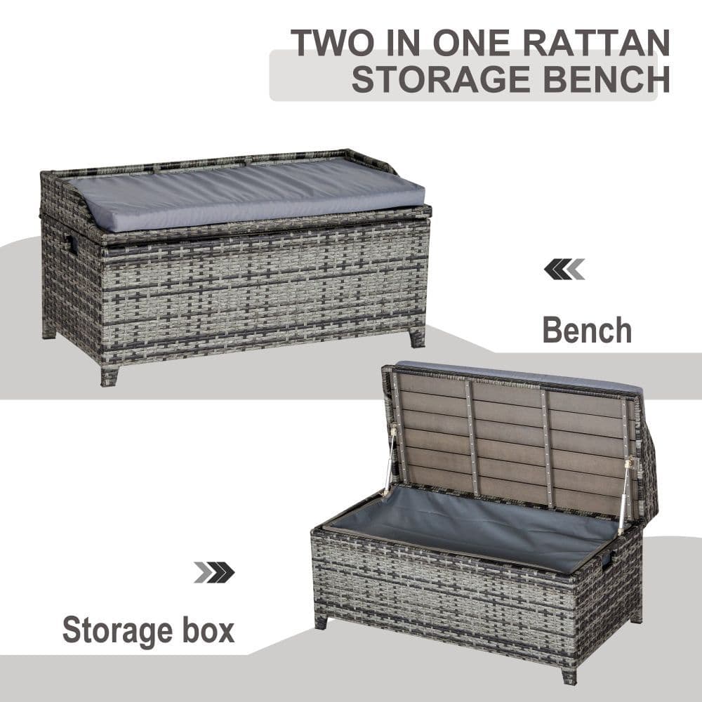 image-PE Rattan Bench Patio Wicker Storage Basket Seat Furniture w/ Cushion