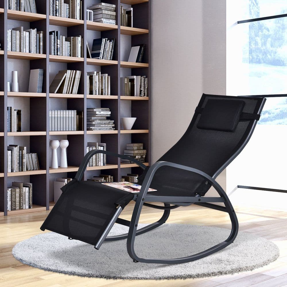 image-Metal Frame Zero Gravity Rocking Patio Chair w/ Pillow Black