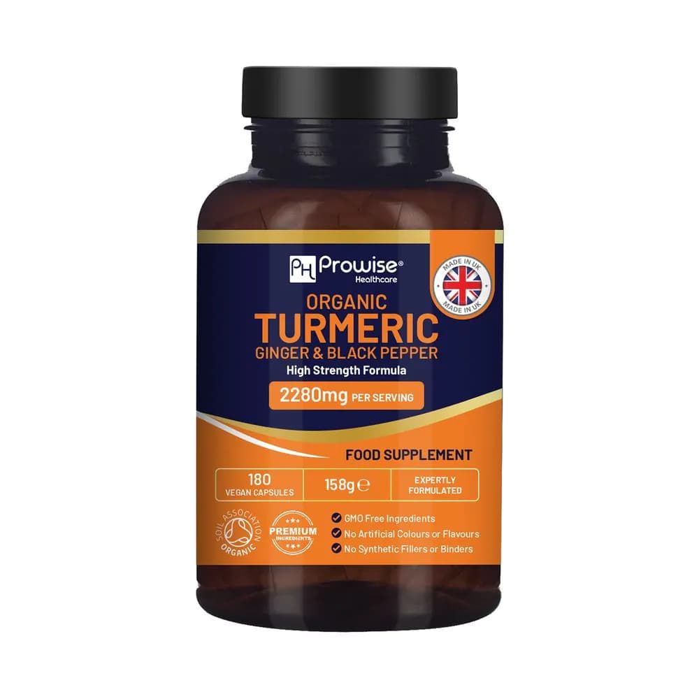 image-Organic Turmeric 2280mg (High Strength) with Black Pepper & Ginger - 180 Vegan Turmeric Capsules