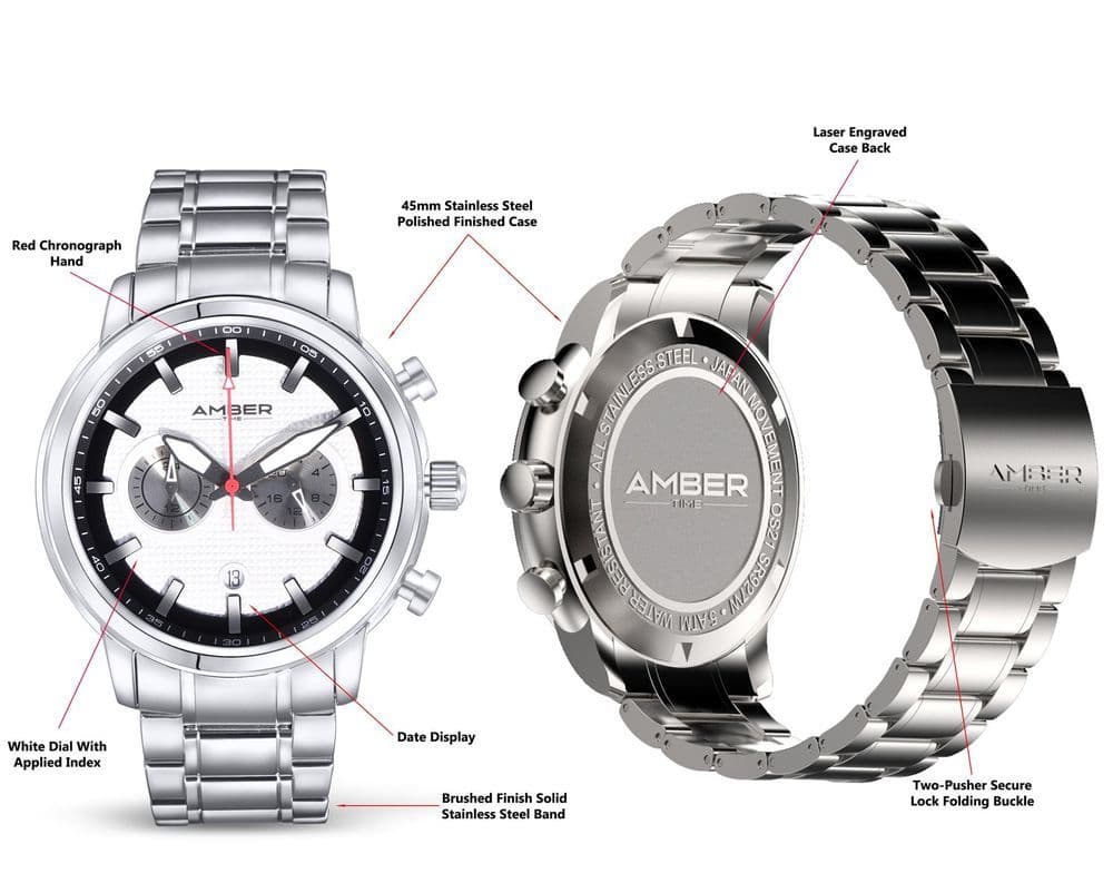 image-Amber Time Men's Quartz Chronograph Watch Stainless Steel Band 50m ATL160810-02WH