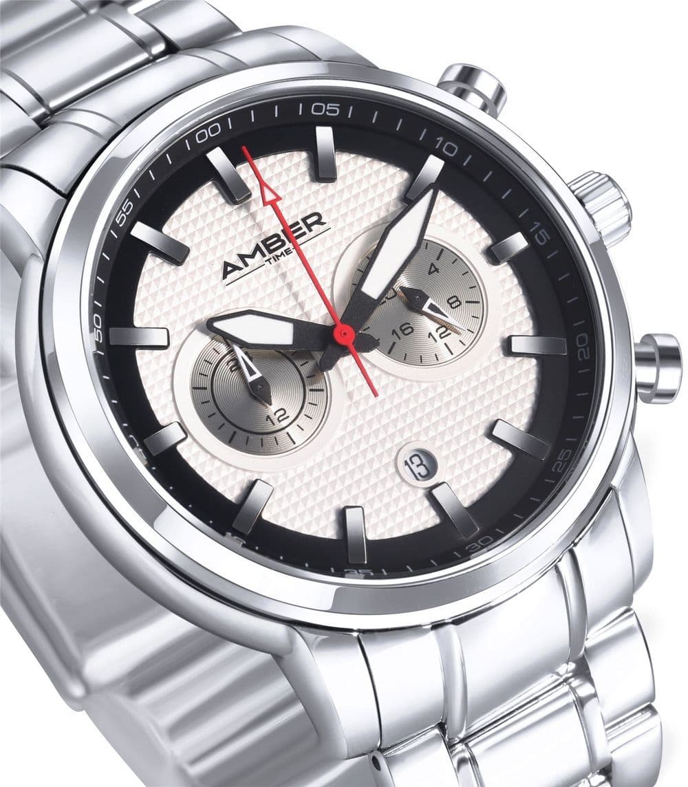 image-Amber Time Men's Quartz Chronograph Watch Stainless Steel Band 50m ATL160810-02WH