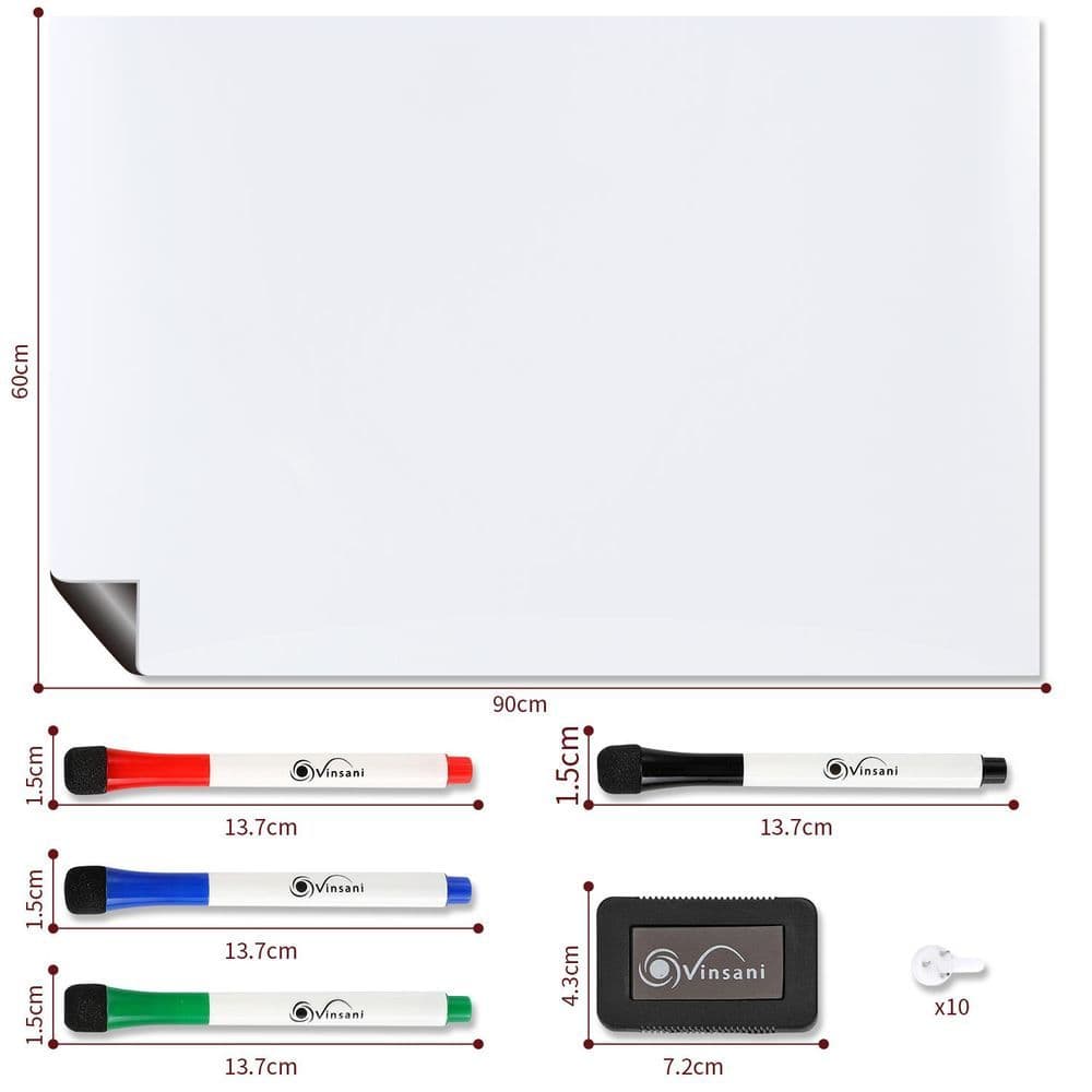image-Magnetic Whiteboard 60 x 90 cm Notes, Lists, Memos, Menus Use 4 Magnetic Dry Wipe Pens & Magnetic Eraser