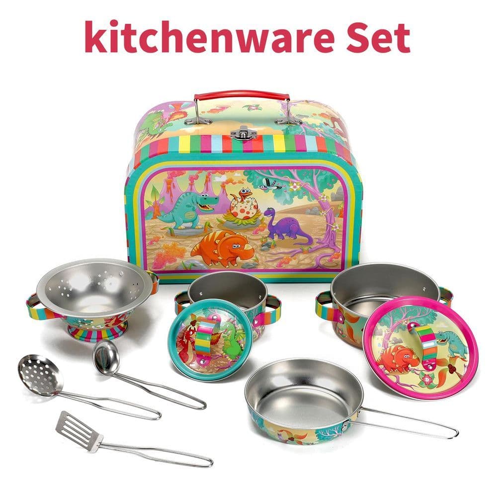 image-SOKA Dinosaur Kids Kitchen Set Toy Pots and Pans Set Toy Kitchen Accessories