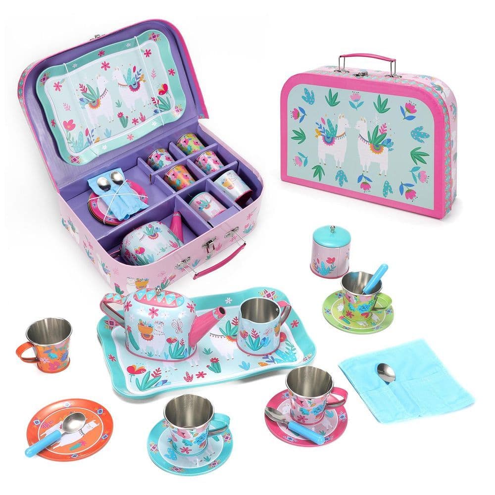 image-SOKA 18 Pcs Llama Metal Tin Kids Teapot Tea Party Set Carry Case Toy Pretend Role Play 3 years and up
