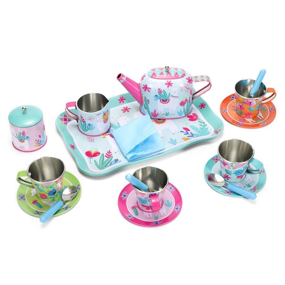image-SOKA 18 Pcs Llama Metal Tin Kids Teapot Tea Party Set Carry Case Toy Pretend Role Play 3 years and up