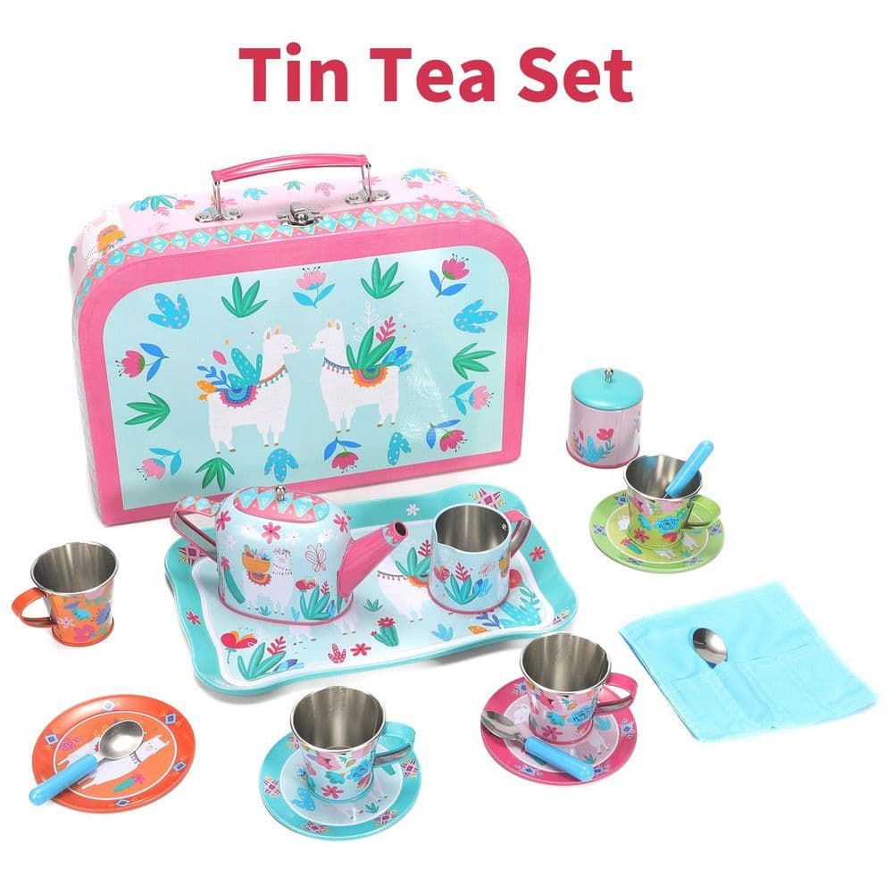 image-SOKA 18 Pcs Llama Metal Tin Kids Teapot Tea Party Set Carry Case Toy Pretend Role Play 3 years and up