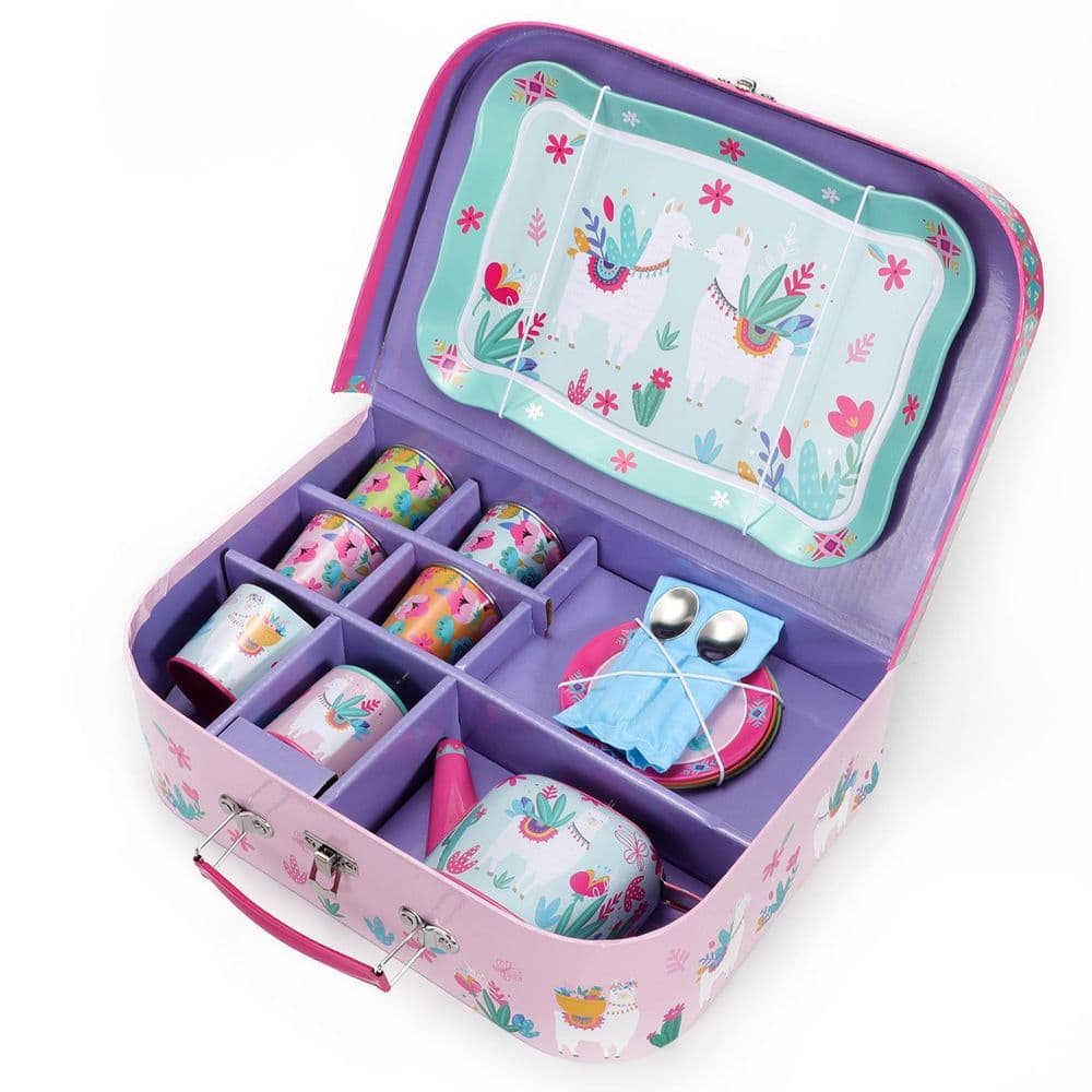 image-SOKA 18 Pcs Llama Metal Tin Kids Teapot Tea Party Set Carry Case Toy Pretend Role Play 3 years and up