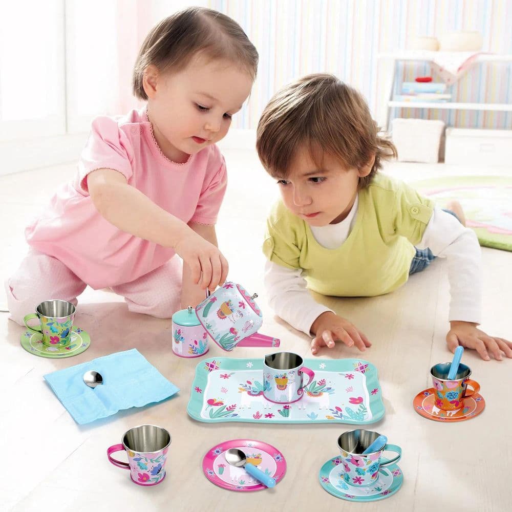 image-SOKA 18 Pcs Llama Metal Tin Kids Teapot Tea Party Set Carry Case Toy Pretend Role Play 3 years and up