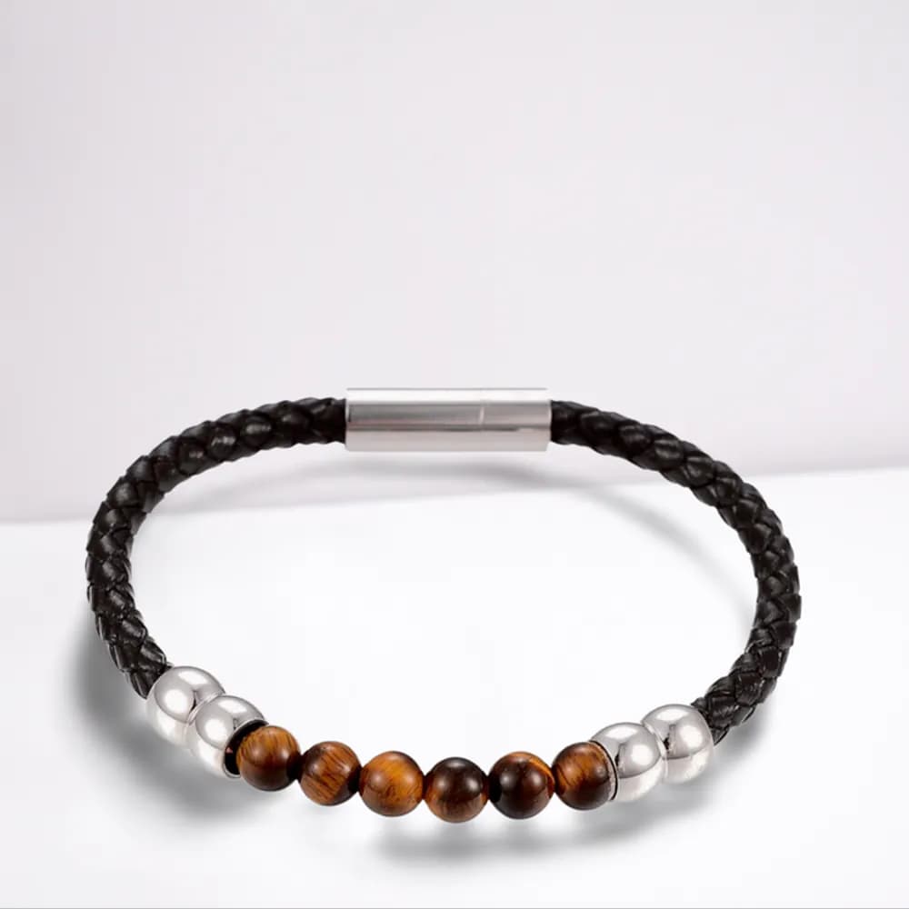 image-Men's Tigers Eye Leather Bracelet