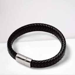 image-Men's Luxury Black Leather Bracelet