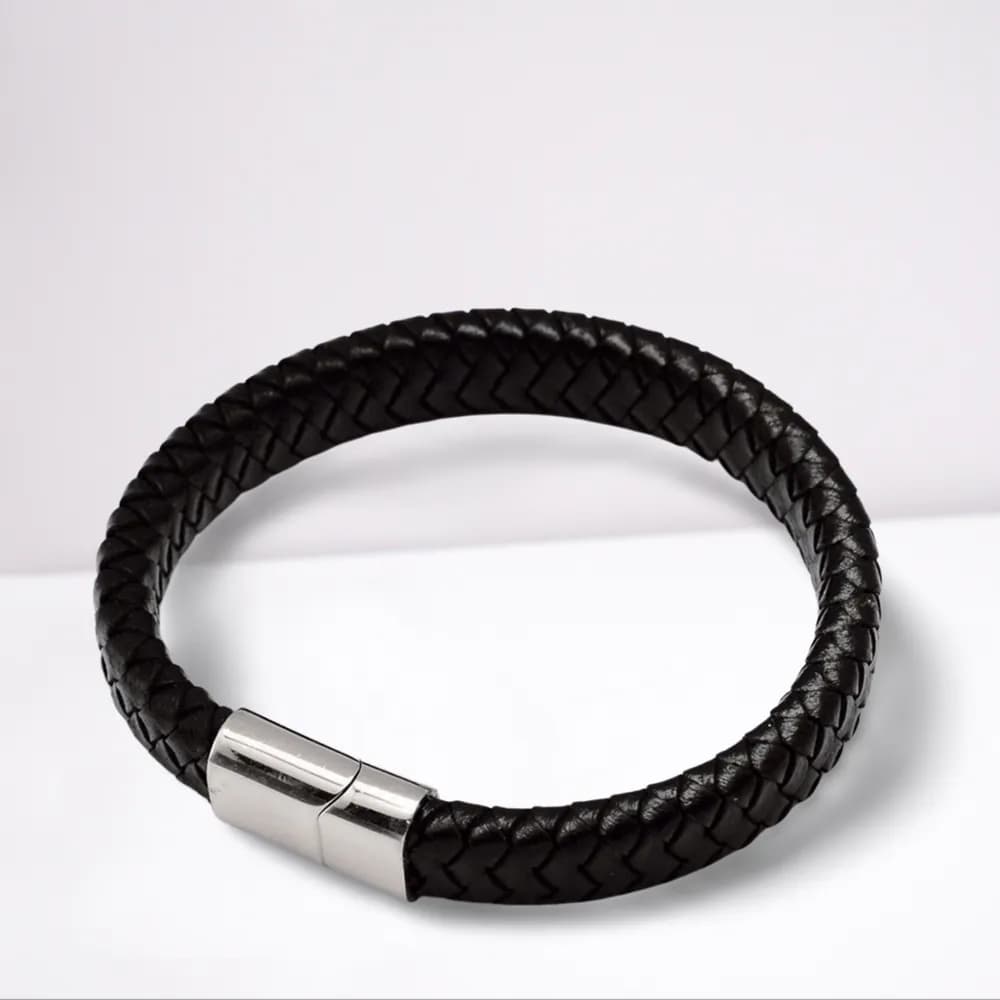 image-Men's Luxury Black Leather Bracelet