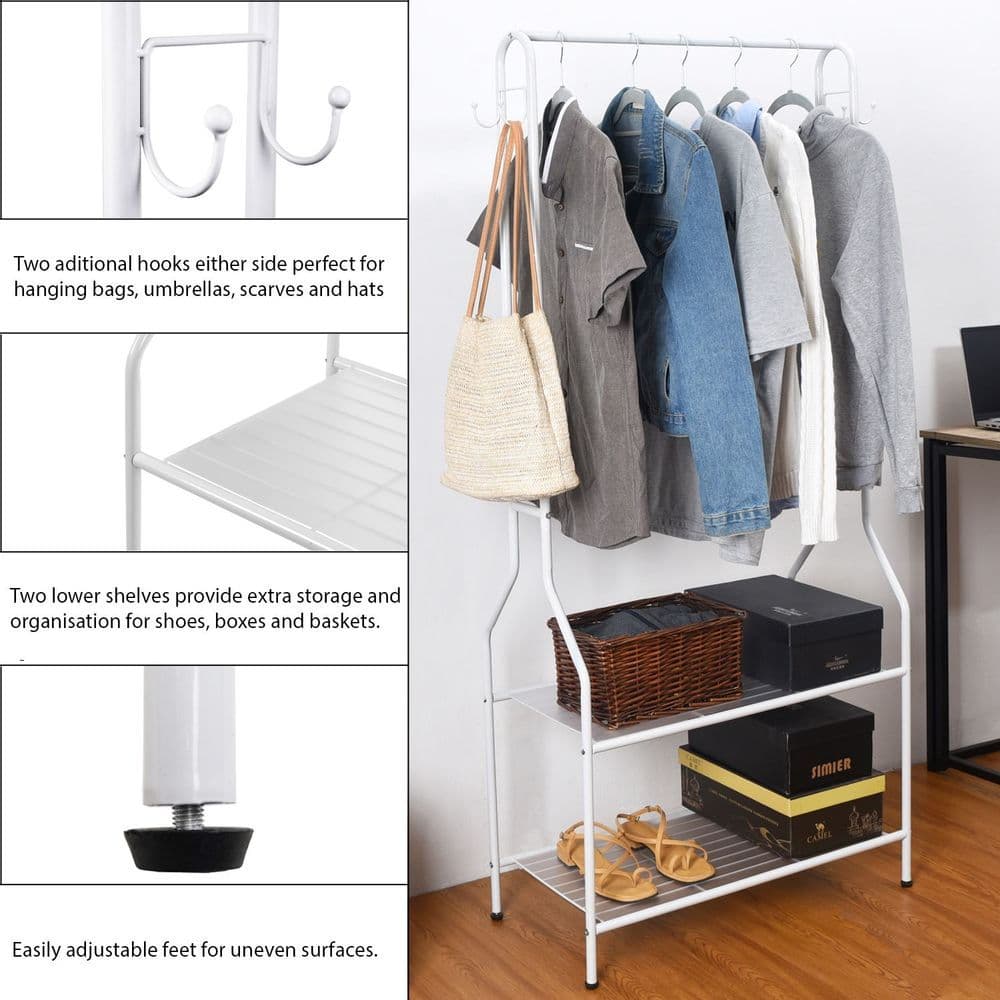 image-Clothes Rail With Two Shelves in White Powder Coating