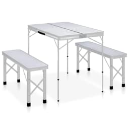 image-Folding Camping Table with 2 Benches Aluminium White