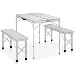 image-Folding Camping Table with 2 Benches Aluminium White