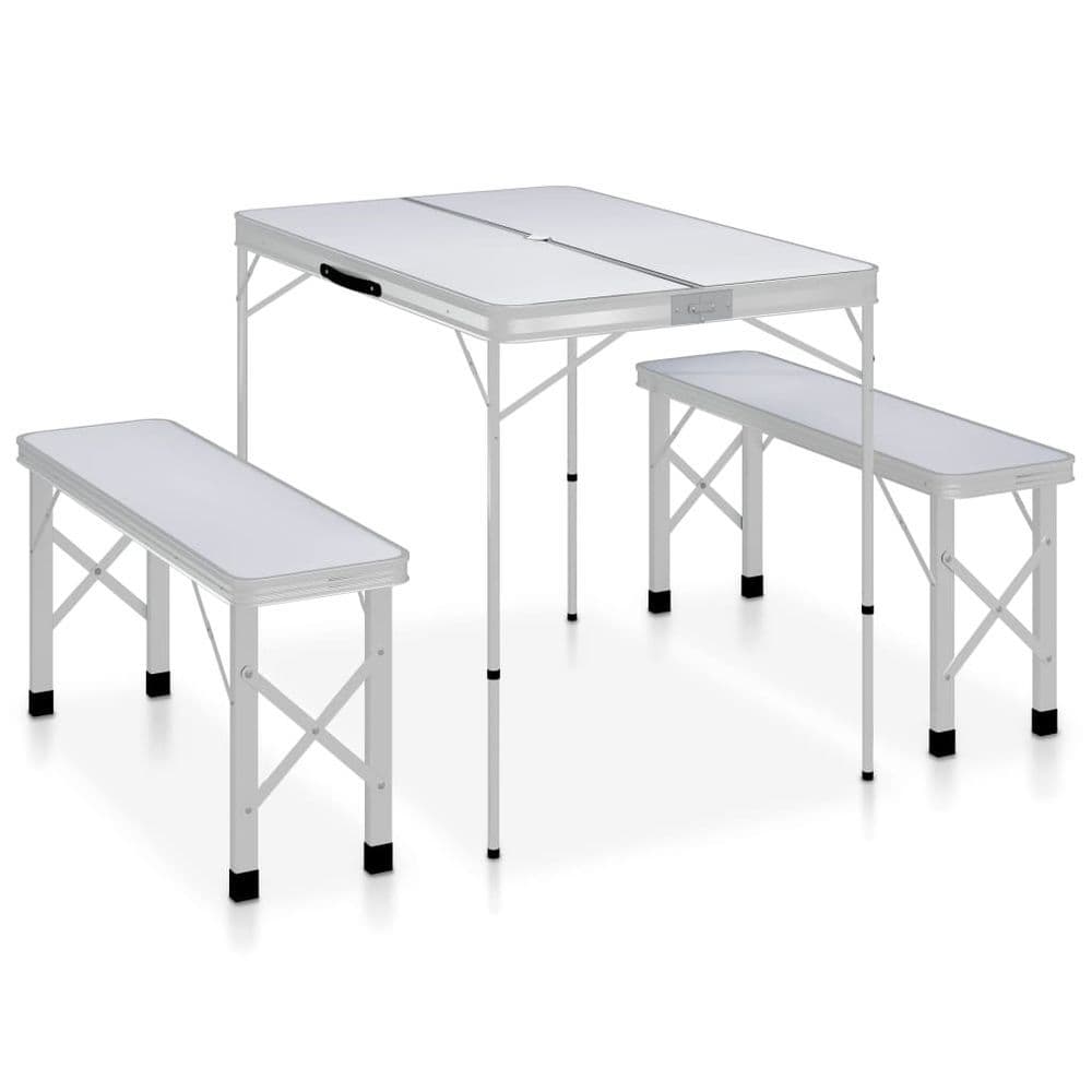 image-Folding Camping Table with 2 Benches Aluminium White