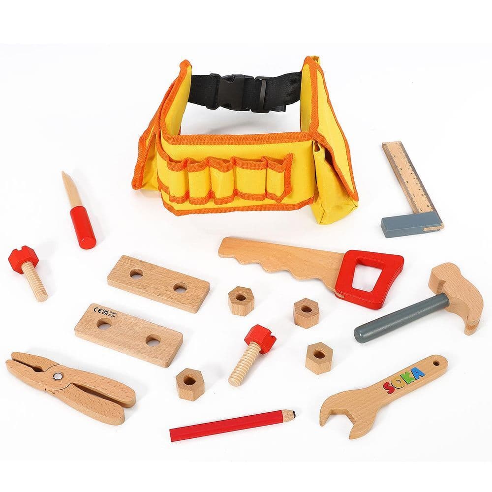 image-SOKA Wooden Carpenter's Tool Belt with Wooden Tools Pretend Play Builder