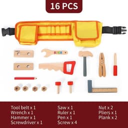image-SOKA Wooden Carpenter's Tool Belt with Wooden Tools Pretend Play Builder