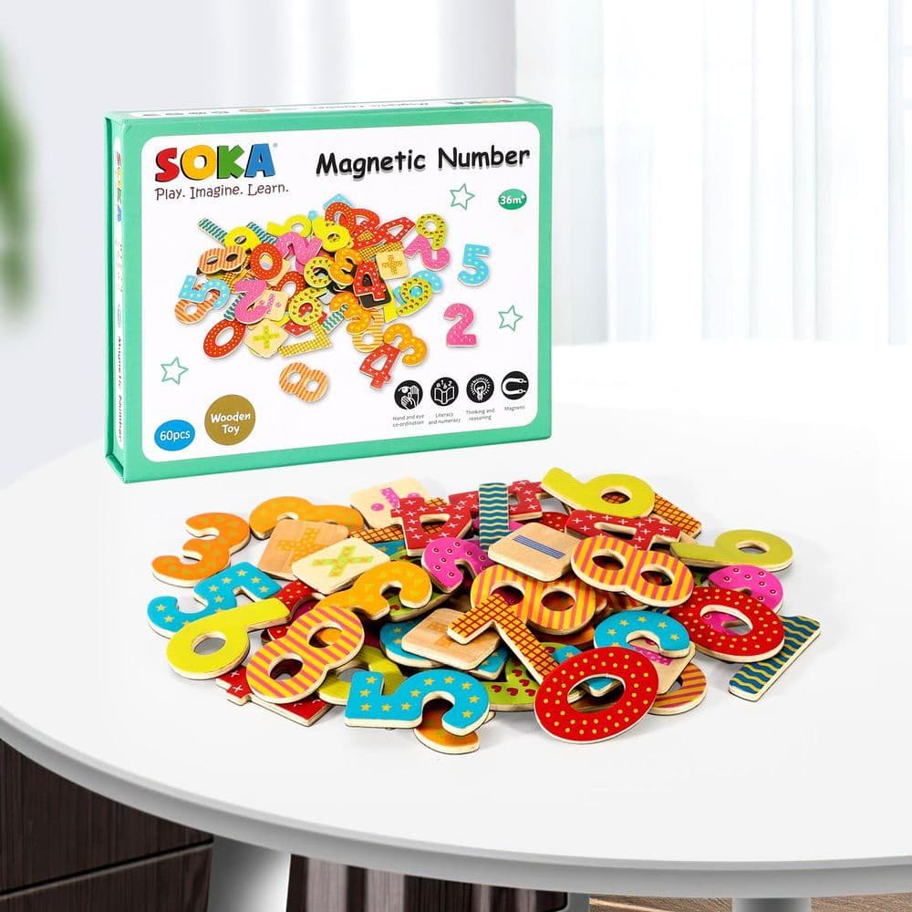 image-SOKA Magnetic Wooden Numbers (60 pcs) Developmental Toy Fridge Magnet Kids 3+