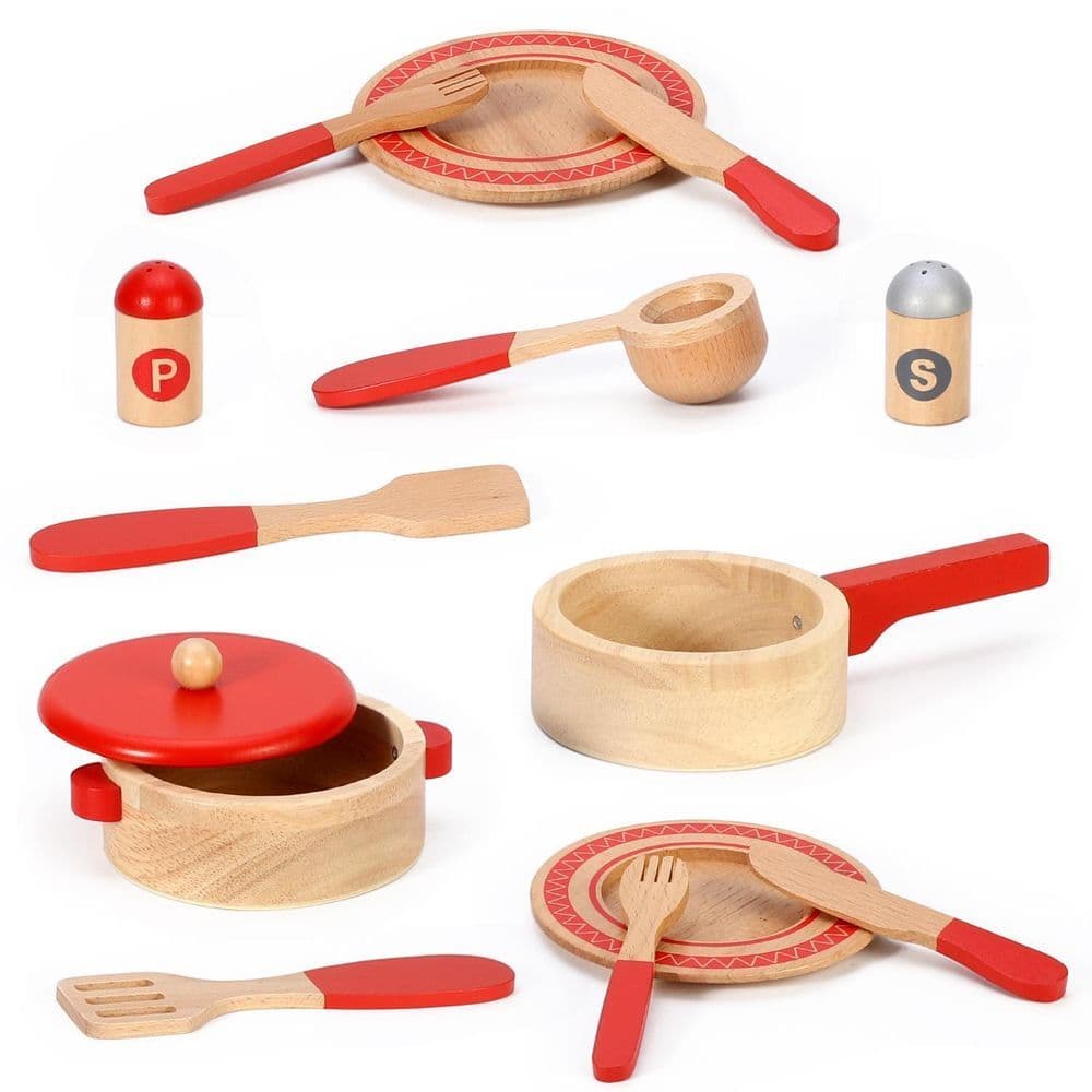 image-SOKA 14 PC Wooden Kitchen Red Cooking Set Pretend Role Play Set for Children